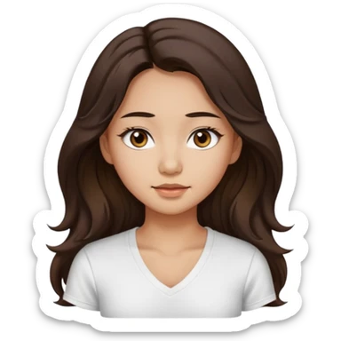 iOS style emoji. A girl with very long dark brown wavy hair. And the eyes color is dark brown. And she is wearing white t shirt with V kneck. And she is 30. She is Asian with double eyelids  sticker