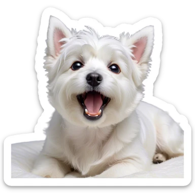 Cinematic Cute Yawning West Highland White Terrier Portrait Emoji, Head tilted slightly with a dramatic, wide-open yawn, showcasing a soft, fluffy white coat with floppy ears slightly drooping and round dark eyes barely open in drowsy contentment, Simplified yet irresistibly adorable features, highly detailed, glowing with a soft, cozy glow, high shine, relaxed yet expressive, stylized with a touch of whimsy, bright and endearing, soft glowing outline, capturing the essence of a sleepy yet affectionate companion, so drowsy it feels like it could stretch out of the screen and curl up for a nap! sticker