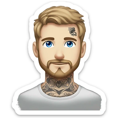 Man with Light brown hair, neck tattoos, arm tattoos, mustache and beard, blue eyes, silver nose piercing hoop, black anime graphic tee sticker