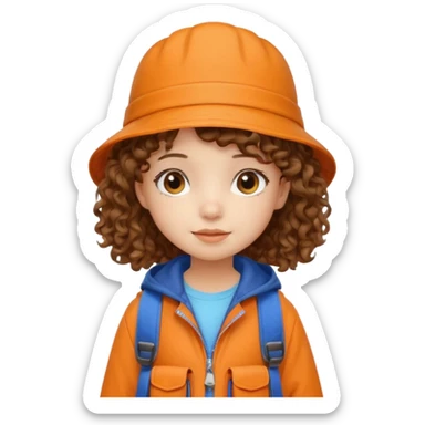 A little girl student curly brown hair, with beige bucket hat, orange jacket, blue backpack sticker
