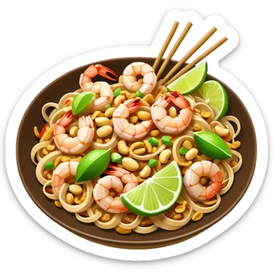 appetizing pad thai noodles with lime wedge, peanuts, shrimp sticker
