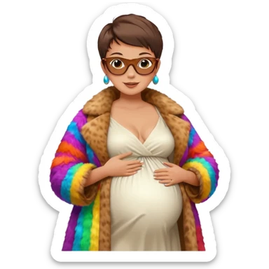 pregnant stylish woman with short pixie brunette hair happily touching her big belly while wearing white dress and fancy brown fur coat and colorful shades sticker