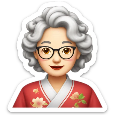 Chinese seniors lady wear glasses has wavy long hair wear Chinese traditional dress show appreciation sign sticker