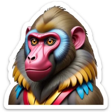 Cinematic Noble Mandrill baboon Portrait Emoji, Poised and regal, with a striking, powerful build and a vivid, deep-set soulful eyes, Simplified yet sharp and sophisticated features, highly detailed, glowing with a vibrant, dignified glow, high shine, intelligent and commanding, stylized with an air of exotic majesty, focused and attentive, soft glowing outline, capturing the essence of a watchful and confident primate, so majestic it feels as though it could step out of the screen with effortless authority! sticker