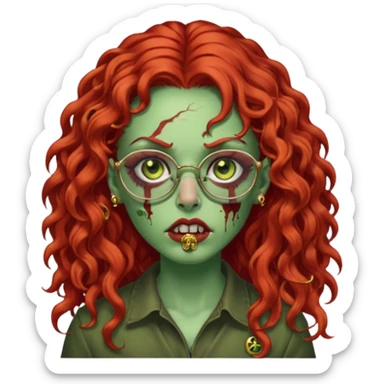 zombie with long red curly hair, thick lashes, black glasses, gold nose piercings on each side of her nose, and a gold eyebrow piercing. sticker