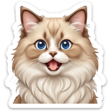 cinematic-adorable-big-eyed-fluffy-brown ragdoll-cat-portrait-emoji,-head-tilted-playfully-with-a-cute,-yawn,-soft-brown-and white-colored-fur-with-darker-points-on-the-ears,-simplified-yet-irresistibly-cute-features, sparkling blue eyes sticker