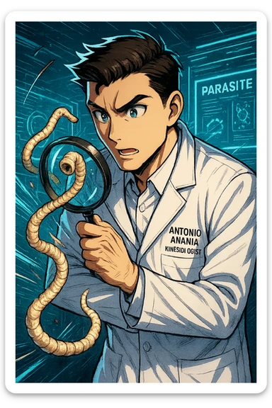 A dynamic manga/webtoon-style illustration of a young male kinesiologist wearing a clean white lab coat, analyzing light beige worms like a tapeworm under a magnifying glass. His expression is focused and slightly intrigued, with sharp, detailed eyes. The art style is vibrant, with bold linework, rich colors, and dramatic lighting. The background is a futuristic laboratory with glowing holographic screens displaying parasite data. The tapeworm is intricately drawn, slimy and segmented, with a slightly exaggerated yet realistic texture. The composition is dynamic, with motion lines or energy effects to emphasize his scientific investigation. The atmosphere is intense but not dark, keeping a balance between scientific seriousness and stylish manga aesthetics, he has "ANTONIO ANANIA" WRITTEN ON WHITE LAB COAT sticker