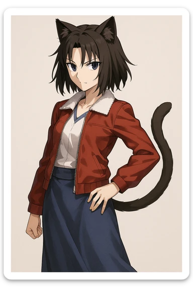 Ryougi Shiki with cat ears and cat tail, wearing her red jacket, confident pose sticker