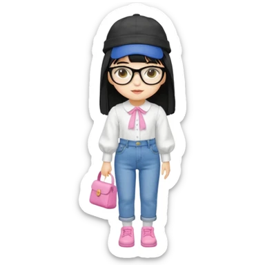 A yellow-skinned girl with long straight black hair, flat bangs, black frame glasses, a white puffy sleeve doll shirt, blue jeans and pink shoes, and a black painter's hat，no yellow spikes. sticker