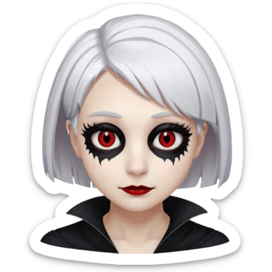 Afemale, unnatural eye color with veiny eyes, sickly skin texture combined with an unnatural creepy smile, liminal setting that feels wrong, uncanny eerie art style, scary femme fatale, bob cut, mole under eye, white hair, red iris, black mascara, black eyeshadow, Gothic white skin, sticker