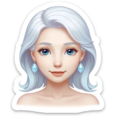 Cinematic Radiant Snow Queen Portrait Emoji, rendered in a realistic, vector style with clean proportions. Show Elsa with a gentle, confident smile, icy pale skin, and luxuriously styled platinum hair, her expression calm and regal. The image glows with a soft, enchanting icy luminescence, high shine, and is accented by a soft glowing outline that enhances her ethereal beauty. sticker