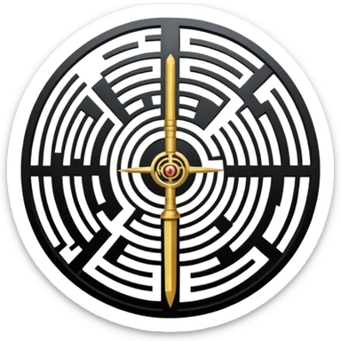 A vertical sword in the center of a circular maze, inside of which is embedded a thin astrolabe. The lines are strict, geometric, and symmetrical. The material is a dark metal (antimonium). The style is a minimalistic alchemical sign. sticker