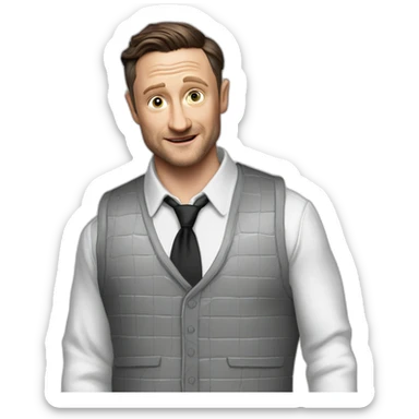 tim robinson dark black slicked back hair white long sleeve waffle shirt with a light grey vest pouring water on a steak no tie sticker