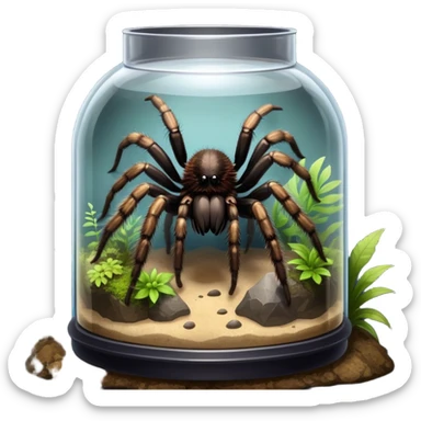 Close-up collage of a pet spider like tarantula, inside a large terrarium. Soft natural lighting highlights their textures and details. Transparent background sticker