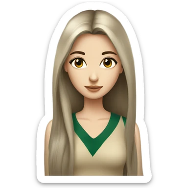 a beautiful russian girl with dark green and very long dark brown hair and a beige top   sticker