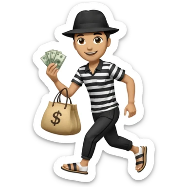 Make a man wear a black pant and he shirt is balck line and white line and wear a black hat and he holding a money bag and he running he wear a black eye thing no money in the Left hand and he yellow and the money bag in the right he wear a flip flop like this is Money bag 💰 NO MONEY sticker