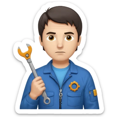 Calm and independent male technician, Caucasian features, short tousled dark hair, serious but composed expression, wearing a blue work jacket over a grey t-shirt, holding a wrench in one hand and a mechanical gear in the other, waist-up, front-facing sticker