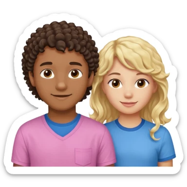 Menino de pele morena de olho castanho meio preto e cabelo cacheados ralo e blusa azul e menina loira de cabelos longos e franja na testa sorrindo com blusa rosa sticker