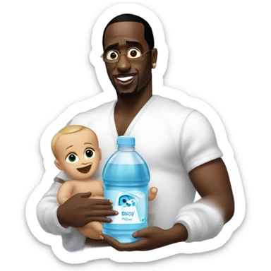 P diddy holding a baby and a bottle of baby oil sticker