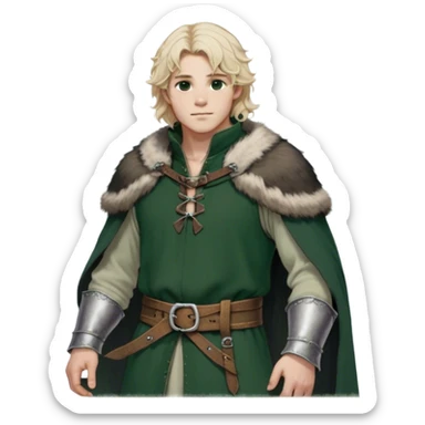 Medieval winter outfit worn by a DnD themed fantasy male character. Double-layered forest green wool tunic with bear fur lining, decorated with pewter toggle closures and a thick woven belt. Clothes only above the waist, full waist coverage. The character has no arms. Character is white-skinned with pale blonde hair, steel gray eyes, and medium-length wavy hair with frost-tipped ends sticker