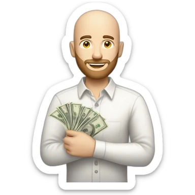 white male with small beard and almost bald  smart casual shirt holding money sticker