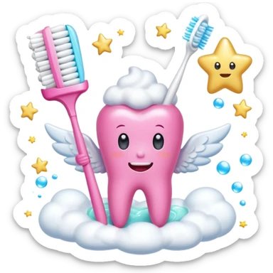 Giant cartoon toothbrush, pink toothbrush, cute molar character with angel wings, tube of pastel toothpaste, sparkles, magical sparkles, shooting stars, fluffy white clouds, soap bubbles, floating tooth fairy coins. sticker