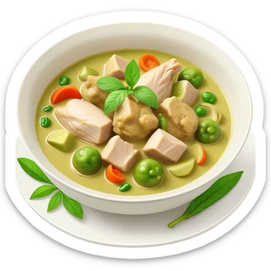 Green Chicken Curry Cinematic Realistic Green Chicken Curry Dish Emoji, depicted as tender chicken chunks simmered in a fragrant green curry sauce with vegetables, rendered with vivid textures and dynamic, vibrant lighting. sticker