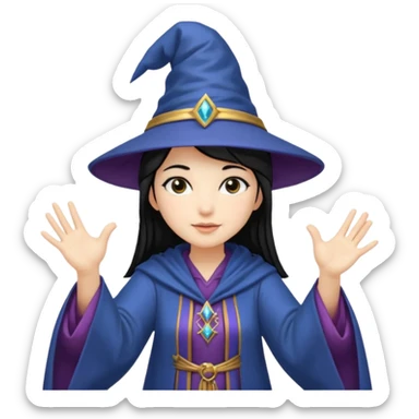 female wizard with black hair under a wizards hat with both hands palm up sticker