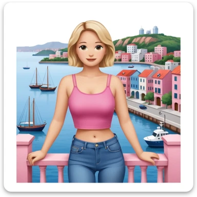 jennifer lawrence, pink crop top, and blue jeans, leaning on a balcony with a harbor and cityscape in the background, smiling sticker