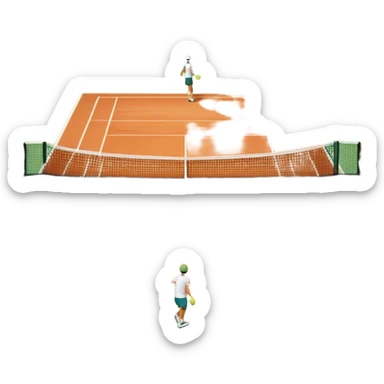 A tennis court at the Roland Garros tournament, with the iconic clay surface and a tennis ball bouncing near the net. The scene evokes the energy and excitement of the grand event, with vibrant crowds in the stands and a competitive atmosphere. sticker