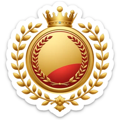 An elegant golden medal emblem with a sophisticated crest design, intricate details, ornamental flourishes, and a luxurious finish sticker