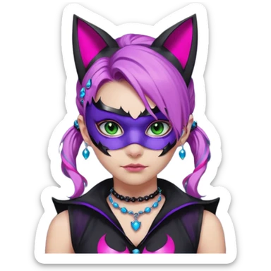 Girl with green eyes, wearing a bat mask with pink stones around her eyes, her hair tied in a ponytail, the hair is purple with blue and pink streaks, with black cat ears with pink stones around, wearing a black shirt that covers the neck, and a sleeveless blue jacket, and a necklace of pink stones sticker