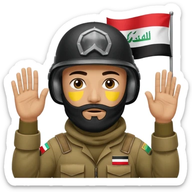 surrenders, depicts an Iraqi soldier from 1980, with a beard, in a helmet, a helmet with sign flag Iraq, with a balaclava, with sad eyes and both hands raised up sticker