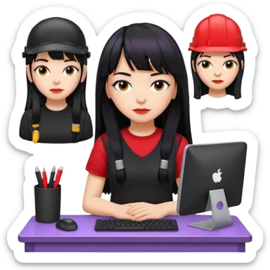 lilac girl with long hair and bangs worker and acessories with a pc worten the clothes black like an alternative bue the shirt in red with worten on the right side very small sticker