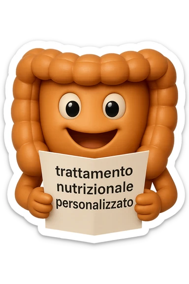 emoji stile iphone di un intestino felice che legge un foglio con la scritta "trattamento nutrizionale personalizzato", non fargli il naso, iperrealistico 4k sticker