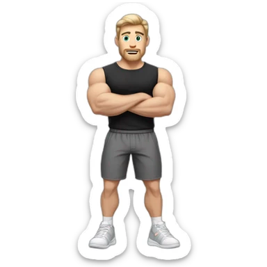 Surprised Pale skinned Fit Man With the biceps and dark brown hair in black shirt, gray sports shorts and white Sneakers sticker