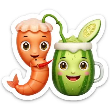Emoji-style food mascots, NOT human.
Two cute shrimp characters, simple cartoon faces, big round eyes, small smiles.
One shrimp holding a beer mug with foam, the other holding an aguachile bowl with cucumber and chili.
Flat + soft 3D style, clean shapes, no human facial details, no realistic skin.

 sticker