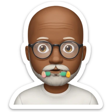 African american male, bald, salt and pepper beard. Round face, glasses sticker