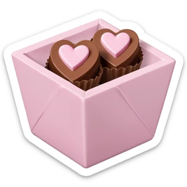 Two square milk chocolate pralines only, Each praline is a sharp-edged cube with smooth glossy chocolate coating, placed in a small white fluted paper candy cup. On top of each cube is a flat pastel pink heart-shaped icing, thin and smooth, slightly translucent, with fine sugar crystal sparkle. sticker
