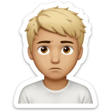 caramel skin color. Teen age. Short buzz, messy blonde hair, dark brown bushy eyebrows large expressive golden-brown eyes, brown skin color, scar over nose, wearing a plain white t-shirt. Disappointed thinking facial expression. caramel skin color. 20 year old male. sticker