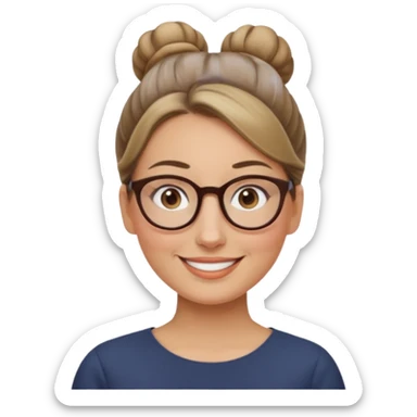 femme de 38 ans avec des cheveux tirés vers l'arrière blond foncé sans mèche devant, un chignon haut, yeux bruns, lunettes rondes, visage ovale sticker