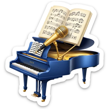 Create an elegant and refined emoji that represents classical or academic vocal performance. The design should feature a microphone, sheet music with musical notes, and a treble clef to symbolize the vocal artistry and music theory behind academic singing. Add subtle elements like a vocal warm-up chart or a grand piano to reflect the classical training. Use classic colors like gold, silver, and deep blue to emphasize sophistication and professionalism. The background should be transparent. sticker