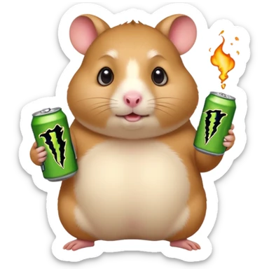 Funny cartoon-style fat hamster wide eyed holding a can of monster energy in one hand and redbull in the other hand sticker