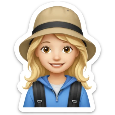 a young student girl with the backpack with bucket hat, blonde wavy long hair sticker