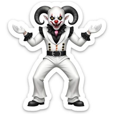 full-body muscular demonic clown in black and white leisure suit with bellbottom pants, bald, black ram horns, flashy black and white belt, ruffled white shirt, no neck tie, large fangs sticker
