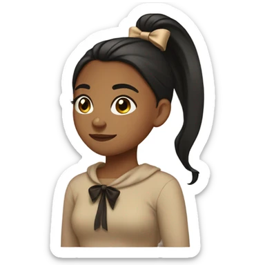 Brown skin girl, one long ponytail with a tan bow in hair, tan sweater, black hair, pretty girl sticker
