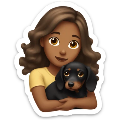 Brown long wavy hair girl cuddling a small brown shorthair dachshund and fluffy black dog sticker