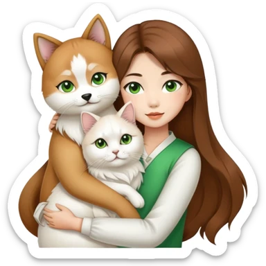 chinese fashion girl has brow hair hugging A Shiba Inu and a long-haired white Persian cat with green eyes. sticker