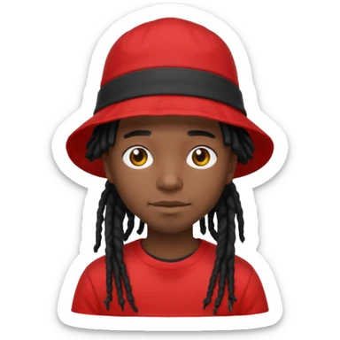 dark brown skin, black hair dreadlocks, wear red t-shirt, black bucket hat sticker