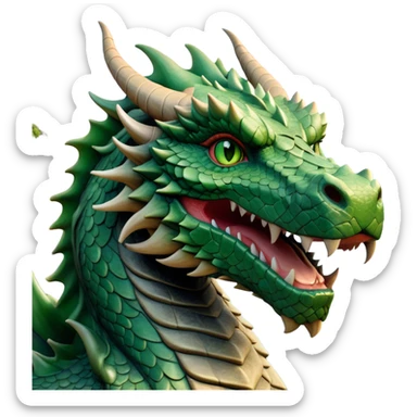 Cinematic Noble Giant Green scaled Dragon Portrait Emoji, Poised and awe-inspiring, with a massive, rugged form carved from ancient stone, featuring intricately textured scales that resemble weathered granite and basalt, and piercing, stony eyes echoing the strength of timeless mountains; rendered with lifelike detail and earthy natural highlights, high shine, formidable and grounded, styled with an aura of primordial majesty, focused and resolute, soft glowing outline, capturing the essence of an enduring rock titan ready to surge from the screen with ageless power! sticker